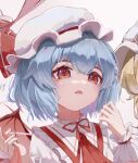  1girl bat_wings blue_hair hand_up highres neck_ribbon open_mouth portrait red_ribbon remilia_scarlet ribbon shimiruru short_hair simple_background solo_focus touhou white_background white_mob_cap wings wrist_cuffs 