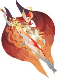  1girl absurdres afk_arena bare_legs blush breasts dress elbow_gloves english_commentary feather_sleeves fire flying full_body gloves gold_trim headwear_request henukim highres incredibly_absurdres knee_up looking_down multicolored_hair orange_hair red_lips redhead swaying talene_(afk_arena) turtleneck two-tone_hair white_background white_dress white_footwear white_gloves yellow_eyes 