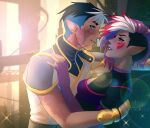  1boy 1girl black_hair blue_eyes blue_hair burn_scar commission couple dragon_booster eye_contact gold_trim hetero jennifer_webster lens_flare looking_at_another multicolored_hair pointy_ears purple_hair scar scar_on_arm smile streaked_hair upper_body violet_eyes 