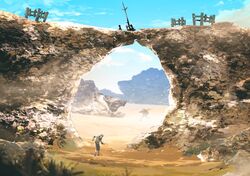  2boys blue_sky boulder canyon clouds cloudy_sky day dessert fence fence_post fern final_fantasy final_fantasy_xiv food multiple_boys plant rock scenery shadow sky solo sunlight wooden_fence yabuka_shiwa 