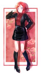  1girl absurdres arm_up black_footwear black_jacket black_skirt blush boots breasts closed_mouth commission diamond_necklace drop_shadow floral_background flower full_body hand_on_own_hip highres iroenpitsu_xxx jacket jewelry knee_boots leather leather_boots leather_jacket leather_skirt looking_at_viewer love_live! love_live!_school_idol_project medium_breasts medium_hair miniskirt necklace nishikino_maki pink_flower red_background red_shirt redhead shirt skeb_commission skirt smile solo violet_eyes 