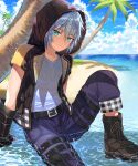  1boy beach belt black_belt black_footwear black_gloves black_jacket blue_eyes blue_pants blue_sky closed_mouth clouds cloudy_sky commentary_request fingerless_gloves gloves highres hood hood_up jacket kingdom_hearts kingdom_hearts_iii looking_at_viewer ocean open_clothes open_jacket osippo outdoors palm_tree pants riku_(kingdom_hearts) shirt short_sleeves sitting sky smile solo spiky_hair tree white_shirt zipper 