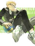  1boy absurdres bespectacled blonde_hair character_name chi_chi3939 closed_mouth gakuran glasses haikyuu!! highres male_focus school_uniform shoes sneakers solo tsukishima_kei volleyball yellow_eyes 