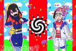  1boy 1brad 1girl black_eyes black_hair brother_and_sister carmine_(pokemon) channel_(_caststation)_(style) clenched_hands confetti dress food gloves hairband hypnosis jacket kieran_(pokemon) long_sleeves mesmerizer_(vocaloid) mind_control mochi mole mole_on_neck mole_under_eye open_clothes open_jacket open_mouth pants parody pokemon pokemon_sv purple_dress redhead shaded_face sharp_teeth shorts siblings single_glove sweat tank_top teeth violet_eyes yellow_eyes 