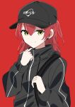  818_seki bag baggy_clothes baseball_cap black_baseball_cap black_hoodie blush bocchi_the_rock! dot_nose drawstring green_eyes hair_between_eyes hat highres hood hoodie kessoku_band_logo kita_ikuyo long_hair long_sleeves looking_at_viewer one_side_up red_background redhead simple_background smile 