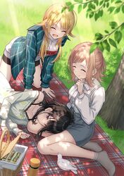  3girls ^_^ all_fours bike_shorts bird blonde_hair blush brown_hair closed_eyes food grass hachimiya_meguru highres idolmaster idolmaster_shiny_colors illumination_stars_(idolmaster) jacket kazano_hiori lap_pillow lying macha0331 multiple_girls off-shoulder_shirt off_shoulder on_side outdoors picnic picnic_basket pigeon plaid plaid_jacket sakuragi_mano sandwich shirt sitting smile tree yokozuwari 