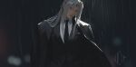  1boy aqua_eyes black_jacket black_necktie black_suit blurry blurry_background closed_mouth collared_shirt final_fantasy final_fantasy_vii final_fantasy_vii_rebirth final_fantasy_vii_remake formal grey_hair hair_between_eyes highres jacket long_bangs long_hair looking_at_viewer lucia_hsiang male_focus necktie parted_bangs pocket_square rain sephiroth shirt signature solo suit suit_jacket upper_body waistcoat white_shirt 