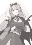 1girl absurdres belt bracer breasts cape cleavage_cutout clothing_cutout floating_hair greyscale head_tilt highres hololive hololive_english long_hair looking_at_viewer medium_breasts monochrome mori_calliope mori_calliope_(1st_costume) parted_lips sidelocks smile solo spikes tiara veil virtual_youtuber waju220 