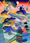  1girl animal bag blue_footwear blue_hair book coat colorful dragon eastern_dragon flower handbag highres holding kubo_(black-vinegar) moon multicolored_coat multicolored_hair nengajou new_year night original solo two-tone_hair 