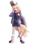  1girl animal_ears black_footwear black_shirt blonde_hair blue_jacket blue_shorts commentary dog_ears dog_girl dog_tail girls_band_cry grey_eyes guitar_case hashtag-only_commentary hibioes highres instrument_case instrument_on_back jacket kawaragi_momoka kemonomimi_mode long_hair long_sleeves looking_at_viewer open_clothes open_jacket shirt shorts simple_background socks solo tail tongue tongue_out white_background white_socks 
