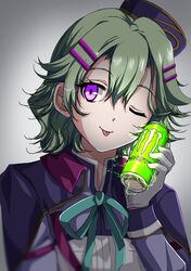  1girl can eiyuu_densetsu energy_drink green_hair green_ribbon hair_between_eyes highres konohannunopencil musse_egret one_eye_closed ribbon sen_no_kiseki short_hair solo tongue tongue_out violet_eyes 