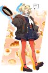  1girl ? ?? absurdres arknights blonde_hair blue_shirt blue_skirt brown_footwear brown_jacket chestnut_mouth commentary croissant drop_shadow food food-themed_background fried_egg frying_pan full_body gummy_(arknights) hair_ornament hairclip hand_up highres holding holding_frying_pan jacket long_sleeves looking_at_viewer neckerchief open_clothes open_jacket open_mouth orange_eyes orange_pantyhose pantyhose pleated_skirt samacho shirt shoe_soles shoes short_hair skirt solo speech_bubble spoken_question_mark standing strap white_neckerchief 