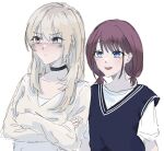  2girls black_choker black_sweater_vest blue_eyes blush choker closed_mouth commentary_request crossed_arms dol_ce_hmhn girls_band_cry grey_eyes highres iseri_nina kawaragi_momoka light_brown_hair long_hair long_sleeves looking_at_another multicolored_hair multiple_girls open_mouth redhead roots_(hair) shirt short_sleeves short_twintails simple_background smile sweater_vest twintails upper_body white_background white_shirt 
