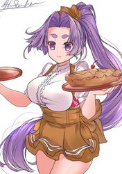  1girl absurdres alternate_costume anna_miller apron badge breasts cowboy_shot employee_uniform food frilled_shirt frills hair_intakes hatsuharu_(kancolle) highres kantai_collection large_breasts long_hair matsurika_(harusutain) name_tag orange_apron orange_skirt pie ponytail purple_hair shide shirt short_eyebrows signature skirt solo suspender_skirt suspenders tray underbust uniform violet_eyes waitress white_shirt 