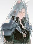  1boy absurdres animal_ears armor belt black_belt black_coat chest_strap coat final_fantasy final_fantasy_vii glaring green_eyes grey_background grey_hair hanning_rolando high_collar highres kemonomimi_mode long_bangs long_hair looking_at_viewer male_focus open_clothes open_coat parted_bangs pauldrons sephiroth shoulder_armor simple_background slit_pupils solo standing upper_body 