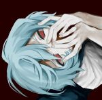  1girl ayanami_rei blue_hair covering_own_mouth dress empty_eyes from_above looking_at_viewer neon_genesis_evangelion red_background red_eyes shinsekai_(z_o10) short_hair simple_background solo 