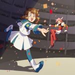  2girls angelic_layer armband blue_armband blue_socks boots brown_hair commentary confetti doll english_commentary floating hair_tubes highres hikaru_(angelic_layer) multiple_girls musketeerart open_mouth pink_hair reaching red_thighhighs school_uniform shadow shirt short_hair short_hair_with_long_locks sidelocks size_difference skirt socks spotlight stadium suzuhara_misaki tears teeth thigh-highs upper_teeth_only white_footwear white_shirt white_skirt 