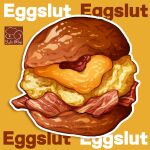  artist_logo bread burger cheese egg_(food) food food_focus food_name highres meat no_humans original yellow_background yuki00yo 
