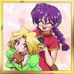  2girls blonde_hair blue_eyes braid brushing_hair closed_eyes dress freckles glasses green_dress hair_brush happy iris_chateaubriand long_hair looking_back multiple_girls open_mouth purple_hair ri_kouran rimless_eyewear roba_takahiro round_eyewear sakura_taisen short_hair stuffed_animal stuffed_toy teddy_bear twin_braids 