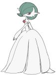  1girl 3_(sangatu) bare_shoulders bob_cut closed_mouth colored_skin commentary_request dress elbow_gloves expressionless flat_chest flat_color from_side gardevoir gloves green_hair hair_over_one_eye highres long_dress looking_to_the_side mega_gardevoir mega_pokemon one_eye_covered partial_commentary pokemon pokemon_(creature) red_eyes short_hair simple_background solo strapless strapless_dress white_background white_dress white_gloves white_skin 