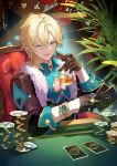 1boy absurdres armchair aventurine_(honkai:_star_rail) black_gloves black_jacket blonde_hair blue_eyes blue_shirt card chair cleavage_cutout clothing_cutout commentary_request cup drink drinking_glass gloves hair_between_eyes half_gloves heart_cutout highres holding holding_card holding_cup honkai:_star_rail honkai_(series) jacket jewelry long_sleeves looking_at_viewer male_focus on_chair poker_chip poker_table ring shirt smile solo table upper_body wang_man watch watch 
