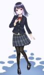  1girl black_hair blazer blue_eyes bow bowtie collared_shirt full_body highres jacket loafers long_hair long_sleeves looking_at_viewer open_mouth original pantyhose plaid plaid_skirt pleated_skirt school_uniform shirt shoes skirt smile solo suzuko_(suzukosz) sweater 