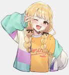  1girl ;d absurdres amog arm_up blonde_hair braid cropped_torso fujita_kotone gakuen_idolmaster hair_ribbon highres idolmaster jacket long_hair looking_at_viewer multicolored_clothes multicolored_jacket one_eye_closed open_clothes open_jacket ribbon simple_background smile solo twin_braids upper_body v white_background yellow_eyes 