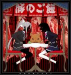  2girls abstract_background black_border black_hair black_jacket black_skin blazer blue_skirt blunt_bangs border bow bowtie breasts colored_sclera colored_skin constricted_pupils fork from_side full_body grey_hair grey_skirt hair_between_eyes hair_ribbon hands_on_table hanging_food higuchi_kaede higuchi_kaede_(1st_costume) hinoyama_ena holding holding_fork holding_knife jacket kneehighs knife kumeta_kouji_(style) large_breasts long_hair long_sleeves looking_at_another multiple_girls necktie nijisanji noren open_mouth parody pig_head pink_bow pink_bowtie plaid plaid_skirt plate pleated_skirt purple_necktie raw_meat red_background red_eyes red_sclera ribbon ringed_eyes school_uniform sitting skirt smile socks style_parody table thigh-highs translation_request tsukino_mito tsukino_mito_(1st_costume) unmoving_pattern virtual_youtuber white_ribbon white_socks white_thighhighs 