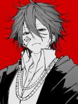  1boy carpaccio_luo-yang collared_shirt earrings facial_mark jewelry kyoubeni looking_at_viewer mashle monochrome necklace red_background robe shirt solo spiky_hair 