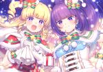  2girls :d bad_id bad_pixiv_id blonde_hair blue_background blunt_bangs blush bow box breasts capelet christmas fur-trimmed_capelet fur_trim gift gift_box gloves hair_bow hanazono_shuka hand_on_own_hip hands_up hat holding holding_gift holding_sack idol_time_pripara long_hair looking_at_viewer mini_hat multiple_girls n_(m_ohkamotoh) open_mouth pom_pom_(clothes) ponytail pretty_series pripara purple_hair red_capelet red_hat ringlets sack santa_costume santa_hat small_breasts smile snow snowing star_(symbol) two_side_up upper_body violet_eyes white_capelet white_gloves yumekawa_yui 