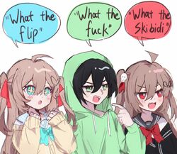  1boy 2girls :o ahoge black_cardigan black_hair blue_bow blue_bowtie blue_eyes blush bow bowtie broken_heart_hair_ornament brown_hair bxsql_wtf_trio cardigan english_text evil_neuro-sama fang green_eyes green_hoodie hair_between_eyes hair_ornament hair_ribbon hand_up hands_up highres hood hoodie indie_virtual_youtuber long_hair long_sleeves meme multiple_girls neuro-sama open_mouth pinkpink939 pointing pointing_at_self profanity red_bow red_bowtie red_eyes red_ribbon ribbon shirt short_hair simple_background skull_hair_ornament sparkling_eyes speech_bubble sweatdrop teeth twintails upper_teeth_only v-shaped_eyebrows vedal987 white_background white_shirt yellow_cardigan zoomer_slang 