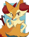  absurdres animal_ear_fluff artist_name berry_(pokemon) blue_background blush border braixen brown_eyes food hand_on_own_hip highres holding holding_food honeycrud leaf looking_at_viewer multicolored_fur oran_berry orange_eyes pokemon pokemon_(creature) red_fur smile solo standing stick white_border white_fur yellow_fur 