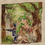  1boy 1girl blue_hat blue_shorts blurry blurry_background compass des69 feena_(grandia) forest goggles goggles_on_head grandia grandia_i green_eyes green_hair highres holding holding_scroll justin_(grandia) long_hair nature off_shoulder outdoors ponytail redhead scroll shorts strapless tree tube_top 