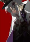  1boy black_gloves blood blood_on_clothes blood_on_face coat gloves grey_hair hat highres long_sleeves mahoutsukai_no_yakusoku male_focus necktie owen_(mahoutsukai_no_yakusoku) parted_lips purple_necktie red_background sakuraihum simple_background solo white_coat yellow_eyes 