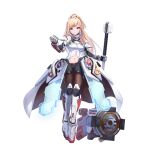  1girl aqua_eyes armor artist_request bare_shoulders blonde_hair bodysuit bolt brown_pantyhose clenched_hand closed_mouth collar final_gear frown full_body half_updo high_ponytail highres holding holding_mallet legs_apart looking_at_viewer mallet margaret_(final_gear) mechanical_arms mechanical_foot mechanical_hands mechanical_legs metal_collar midriff navel official_art pantyhose rigging see-through shoulder_armor simple_background sleeveless solo standing swept_bangs tachi-e third-party_source transparent_background triangle_print white_bodysuit white_collar 