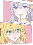  2girls anisphia_wynn_palettia black_ribbon blonde_hair blush commentary euphyllia_magenta finger_to_another&#039;s_mouth green_eyes grey_hair hair_ribbon hashtag-only_commentary long_hair medium_hair multiple_girls open_mouth qqwan120 ribbon smile tensei_oujo_to_tensai_reijou_no_mahou_kakumei violet_eyes yuri 