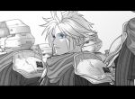  armor blue_eyes closed_mouth cloud_strife earrings final_fantasy final_fantasy_vii final_fantasy_vii_rebirth final_fantasy_vii_remake helmet jewelry ko102k1 monochrome multiple_boys parted_bangs scarf shinra_infantry_uniform short_hair shoulder_armor single_earring solo_focus spiky_hair spot_color standing_at_attention suspenders upper_body white_background 