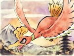  animal_focus beak bird bird_tail clouds feathered_wings feathers flying highres ho-oh metikyun mountain no_humans open_mouth outdoors pagoda pokemon pokemon_(creature) red_eyes red_feathers tail wings 