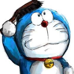  1boy bell collar doraemon doraemon_(character) hair_brush holding holding_hair_brush jingle_bell looking_up mochizuki_tagosaku no_humans red_collar red_nose smile solo whiskers white_background 