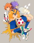 2boys amemiya_taiyou back-to-back ball bare_arms blue_eyes blue_shorts blue_socks clenched_hand closed_mouth clouds collared_shirt full_body grey_background hair_over_shoulder hand_on_own_hip highres inazuma_eleven_(series) inazuma_eleven_go inazuma_eleven_go_chrono_stone kishibe_taiga kneehighs lightning_bolt_print locked_arms long_hair low-tied_long_hair multiple_boys open_mouth orange_hair purple_hair shide shirt shoes shorts simple_background smile sneakers soccer_ball soccer_uniform socks sportswear sun_symbol unagi_(nakaelric) white_footwear yellow_shirt 