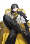  1boy bishounen black_gloves black_hair blonde_hair blurry boots colored_inner_hair crossed_legs depth_of_field earrings eyelashes from_below gloves hair_over_one_eye highres holostars jewelry looking_at_viewer male_focus multicolored_hair on_chair sakusya2honda short_hair sitting smirk solo stud_earrings virtual_youtuber white_background yatogami_fuma yellow_eyes 