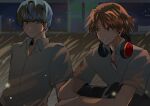  2boys brown_eyes brown_hair closed_mouth collared_shirt crossed_arms grass grey_eyes grey_hair grin hair_between_eyes hanamura_yousuke headphones headphones_around_neck highres hugging_own_legs knees_up light_particles looking_at_another looking_to_the_side multiple_boys narukami_yuu night night_sky outdoors persona persona_4 phexxxnol shirt short_hair short_sleeves side-by-side sitting sky smile spiky_hair upper_body white_shirt 