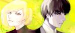  1boy 1girl amon_koutarou black_hair black_suit blonde_hair bob_cut facing_to_the_side grey_eyes head_tilt highres jobjobpooh131 light_frown looking_at_viewer mado_akira pink_eyes shirt short_hair suit tokyo_ghoul white_shirt yellow_background 