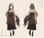  animal_ears arknights braid brown_hair closed_mouth flower goma_74umai grid_background hair_flower hair_ornament hair_slicked_back hakama hand_up highres japanese_clothes kimono long_hair multiple_views penance_(arknights) red_hakama ribbon single_braid standing tail turnaround wide_sleeves wolf_ears wolf_girl wolf_tail yellow_eyes 