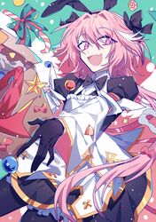  1boy 90cm astolfo_(fate) astolfo_(saber)_(fate) astolfo_(saber)_(third_ascension)_(fate) black_bow black_gloves blush bow bowtie candy chinese_commentary commentary_request fang fate/grand_order fate_(series) food gloves hair_bow hair_intakes highres long_hair long_sleeves male_focus multicolored_hair open_mouth otoko_no_ko pink_hair ribbon skirt smile solo streaked_hair thigh-highs violet_eyes white_hair 