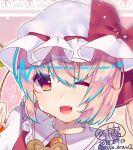  1girl blonde_hair chisiro_unya_(unya_draw) crystal_wings dress flandre_scarlet frilled_dress frills hat hat_ribbon one_eye_closed open_mouth red_ribbon ribbon side_ponytail solo touhou upper_body white_mob_cap 