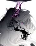  1girl blue_archive demon_horns from_behind halo hina_(blue_archive) horns long_hair looking_at_viewer multiple_horns ouri_(aya_pine) profile sideways_glance simple_background solo spot_color upper_body very_long_hair violet_eyes white_background 