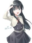  1girl artist_name asashio_(kancolle) asashio_kai_ni_(kancolle) black_dress black_hair blue_eyes cowboy_shot dress highres jacket kantai_collection long_hair long_sleeves looking_at_viewer one-hour_drawing_challenge open_mouth pinafore_dress salute simple_background sleeveless sleeveless_dress smile solo twitter_username white_jacket wiwo 