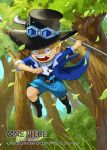  1boy aged_down blonde_hair blue_coat blue_shorts boots child coat commentary_request copyright_name forest goggles goggles_on_headwear hat holding leaf male_focus missing_tooth muraicchi_(momocchi) nature official_art one_piece one_piece_card_game sabo_(one_piece) shorts solo top_hat 
