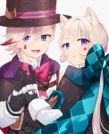  1boy 1girl animal_ears black_gloves blue_bow blue_bowtie bow bowtie cat_ears cat_girl facial_mark genshin_impact gloves grey_hair hat highres lynette_(genshin_impact) lyney_(genshin_impact) nekorin_chu open_mouth red_bow red_bowtie short_hair siblings simple_background star_(symbol) star_facial_mark teardrop_facial_mark teardrop_tattoo top_hat twins upper_body violet_eyes white_background 